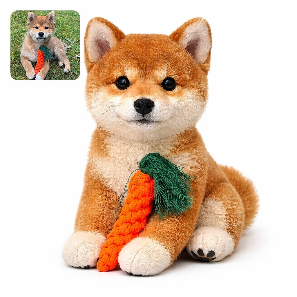 A fluffy Shiba Inu puppy lounges on the grass clutching a bright braided carrot toy like it's the most important negotiation of its life — solemn, adorable, and slightly proud of its chew victory.