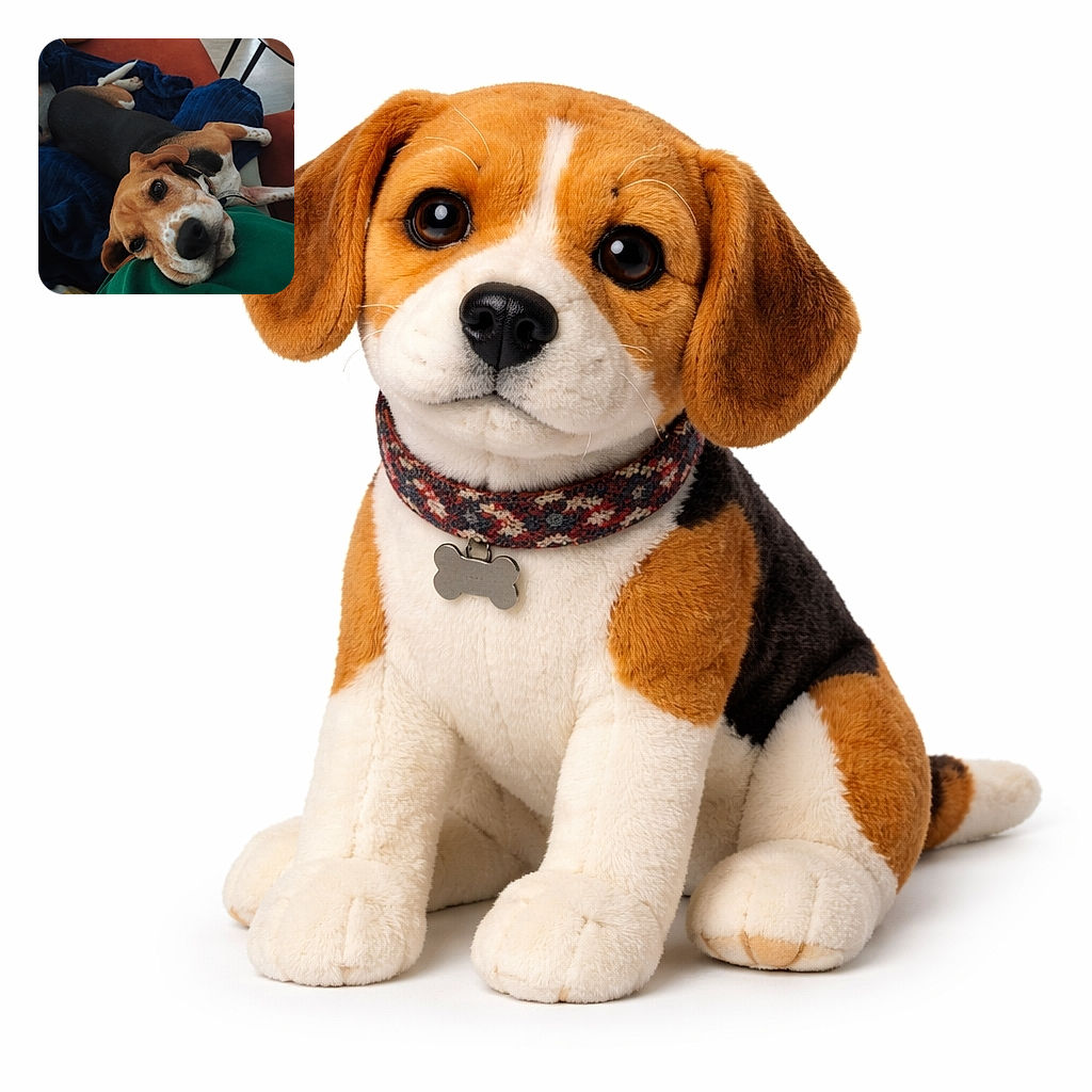 A playful beagle dog lounges comfortably on a cozy blue blanket and red couch, resting its head on a person's green shirt while looking up with soulful eyes, surrounded by soft pillows and a wooden chair in the background.