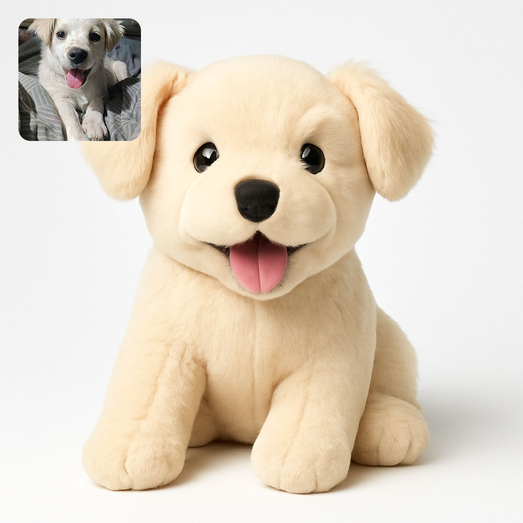 A happy white puppy lounges comfortably on a striped blanket, tongue out and eyes sparkling with joy, looking ready to play or nap in a cozy home setting.