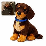 A mischievous dachshund caught in the act of destroying a plush toy, surrounded by fluff and stuffing on a tiled floor, with a guilty look that says, 'It wasn't me!'