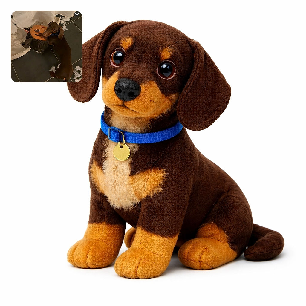 A mischievous dachshund caught in the act of destroying a plush toy, surrounded by fluff and stuffing on a tiled floor, with a guilty look that says, 'It wasn't me!'