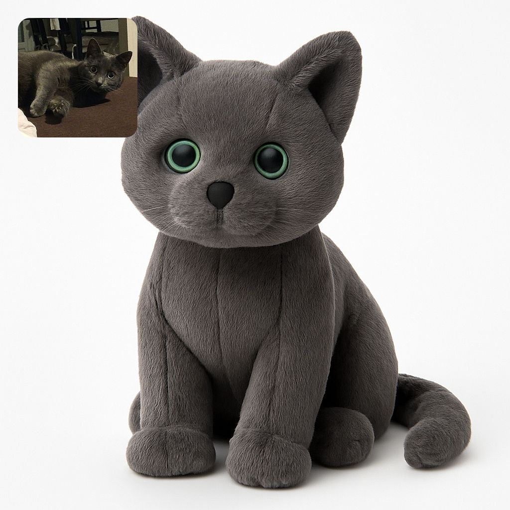 A curious gray cat lies on a brown surface, eyes wide open as if caught mid-adventure, with a cozy indoor setting featuring furniture and soft lighting in the background.
