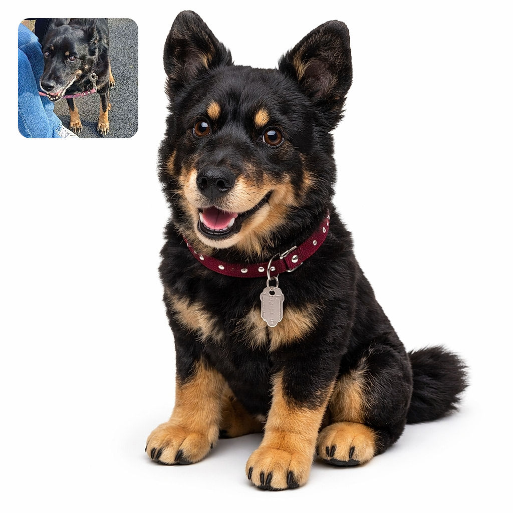 A friendly black-and-tan dog gives a grin of pure joy while leaning against a person in jeans and white sneakers — leash and shiny clasp dangling as if saying 'walk now?'. A hand with a decorative ring pets the pup, whose eyes sparkle and teeth show in an earnest, goofy smile.