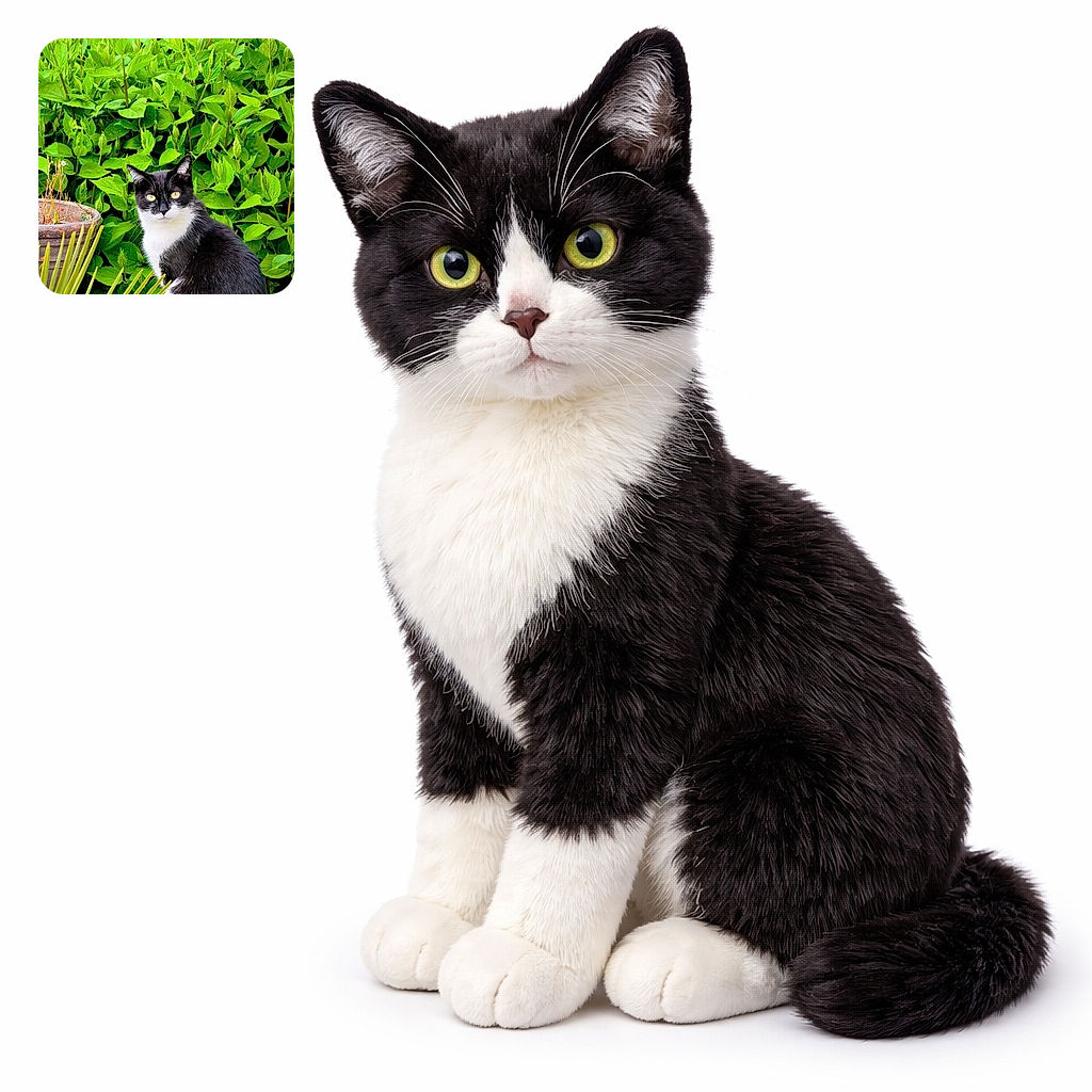 A sleek black and white cat with captivating eyes sits gracefully on a stone surface surrounded by lush green foliage and a rustic plant pot, looking like the regal guardian of the garden.