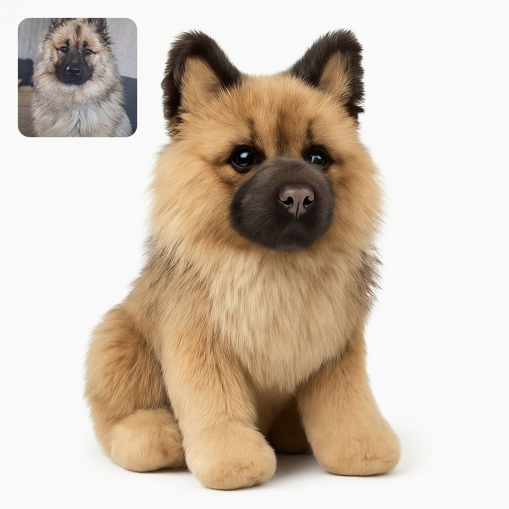 A majestic fluffy dog with a thick coat sits patiently on a couch, gazing directly into the camera with soulful eyes, surrounded by a soft, blurred background that highlights its regal fur and expressive face.