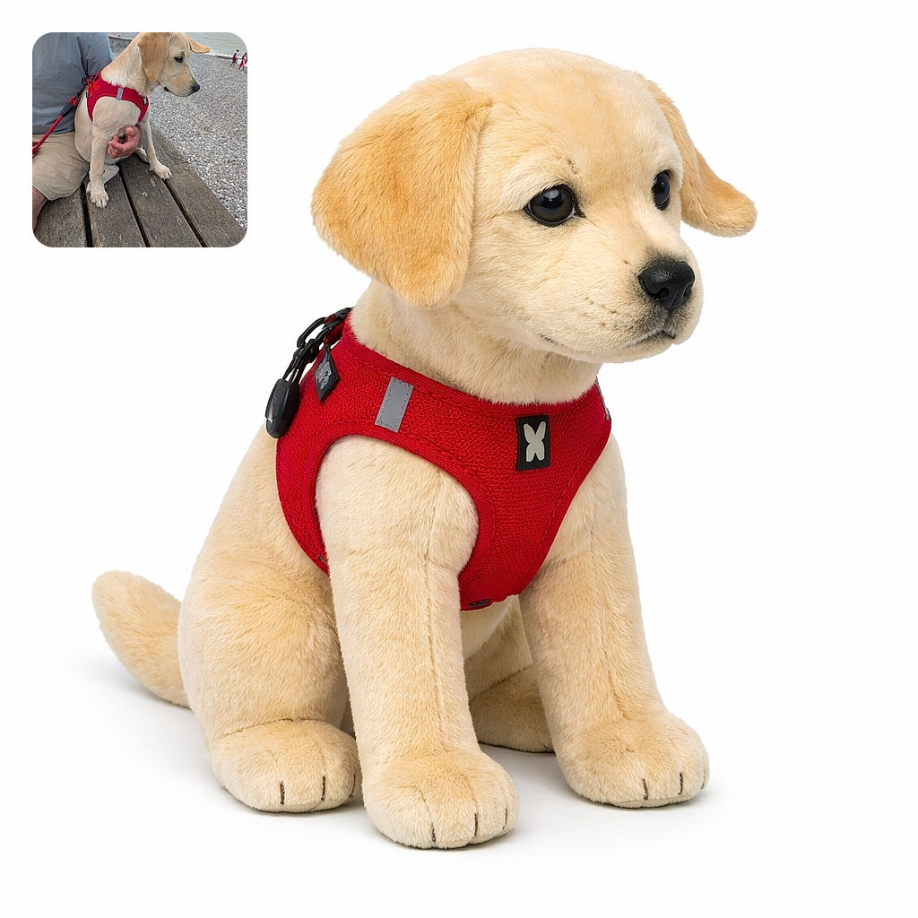 A charming young dog wearing a bright red harness sits patiently on a weathered wooden bench by the pebble beach, gazing thoughtfully at the sea. The dog is held gently by a person whose arm and hand are visible, creating a cozy and calm seaside moment with a few distant beachgoers in the background.