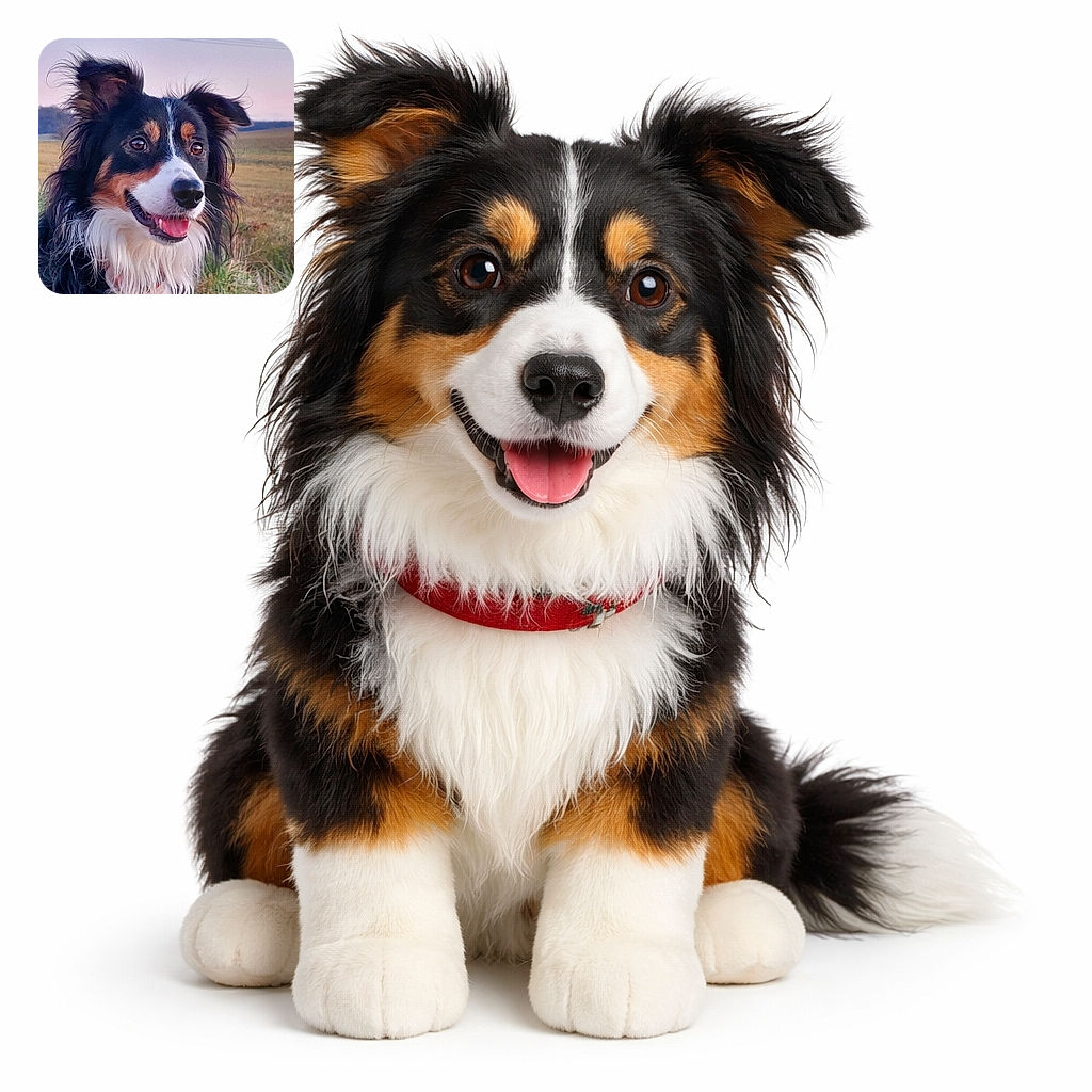 A happy and fluffy dog with a tricolor coat is captured outdoors during sunset, looking alert and joyful with its tongue slightly out, surrounded by a natural grassy field and a soft pastel sky.