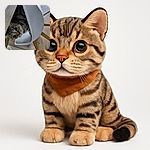 A curious tabby cat peeks out from under a white chair with wooden legs, its big eyes wide open and whiskers twitching in a cozy indoor setting with a wooden floor and a rug in the background.