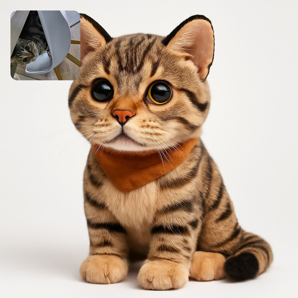 A curious tabby cat peeks out from under a white chair with wooden legs, its big eyes wide open and whiskers twitching in a cozy indoor setting with a wooden floor and a rug in the background.