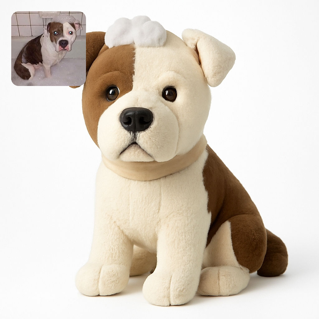 A somewhat blurry photo of a brown and white dog sitting in a bathtub full of bubbles, with some bubbles on its head, looking a bit unsure about bath time in a tiled bathroom.