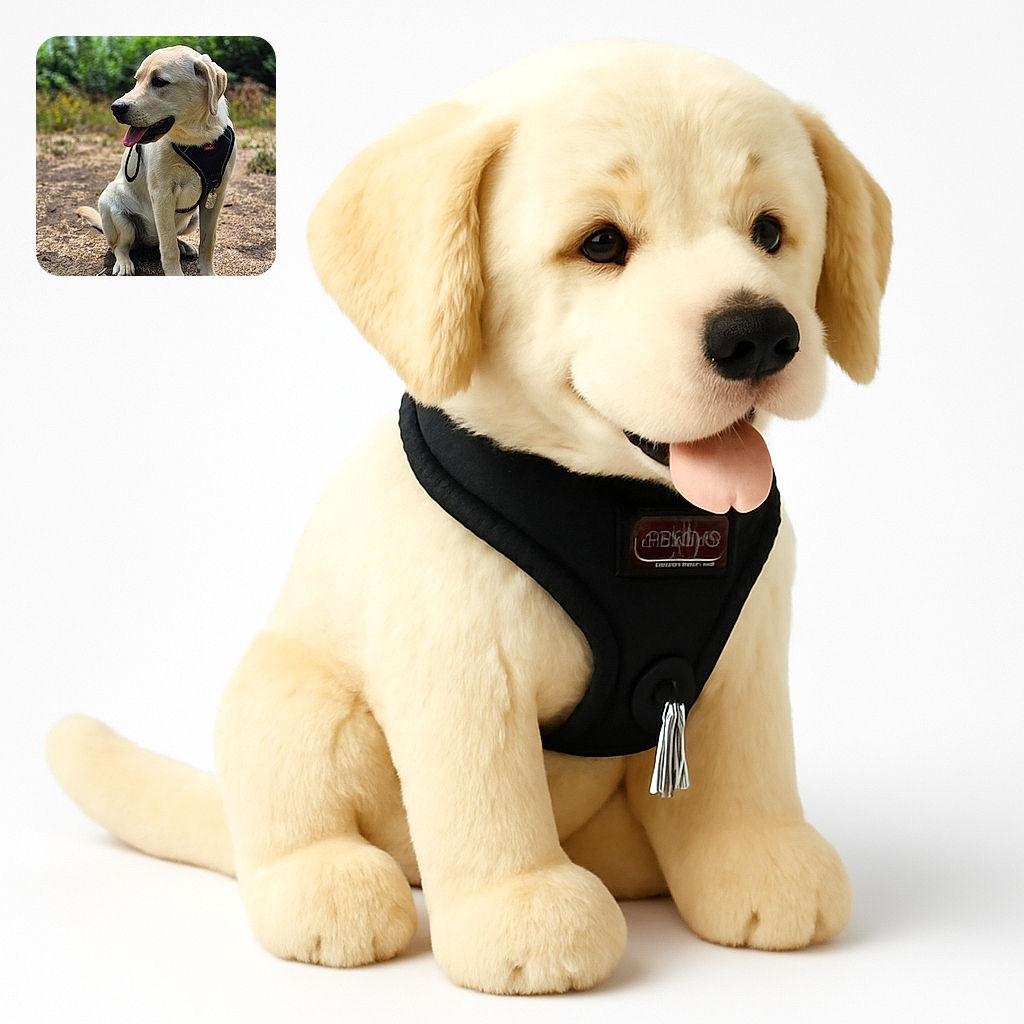 A charming yellow labrador retriever sits patiently on a patch of dry grass, tongue out and wearing a black harness, with a lush green blurred background that hints at a serene outdoor setting.
