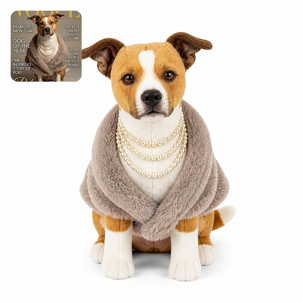 A dignified dog has landed the cover of an imaginary fashion magazine, posing in pearls and a luxurious fur coat like the world’s most serious canine couture icon. The dramatic cover lines promise paw-fect trends, while the dog looks mildly concerned about its styling budget.