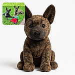 Two adorable brindle puppies lounging on vibrant green grass, one playfully resting a paw on a green plastic bottle, surrounded by colorful toys including a bright red plush and a blue chew toy, with a wooden deck edging the scene.