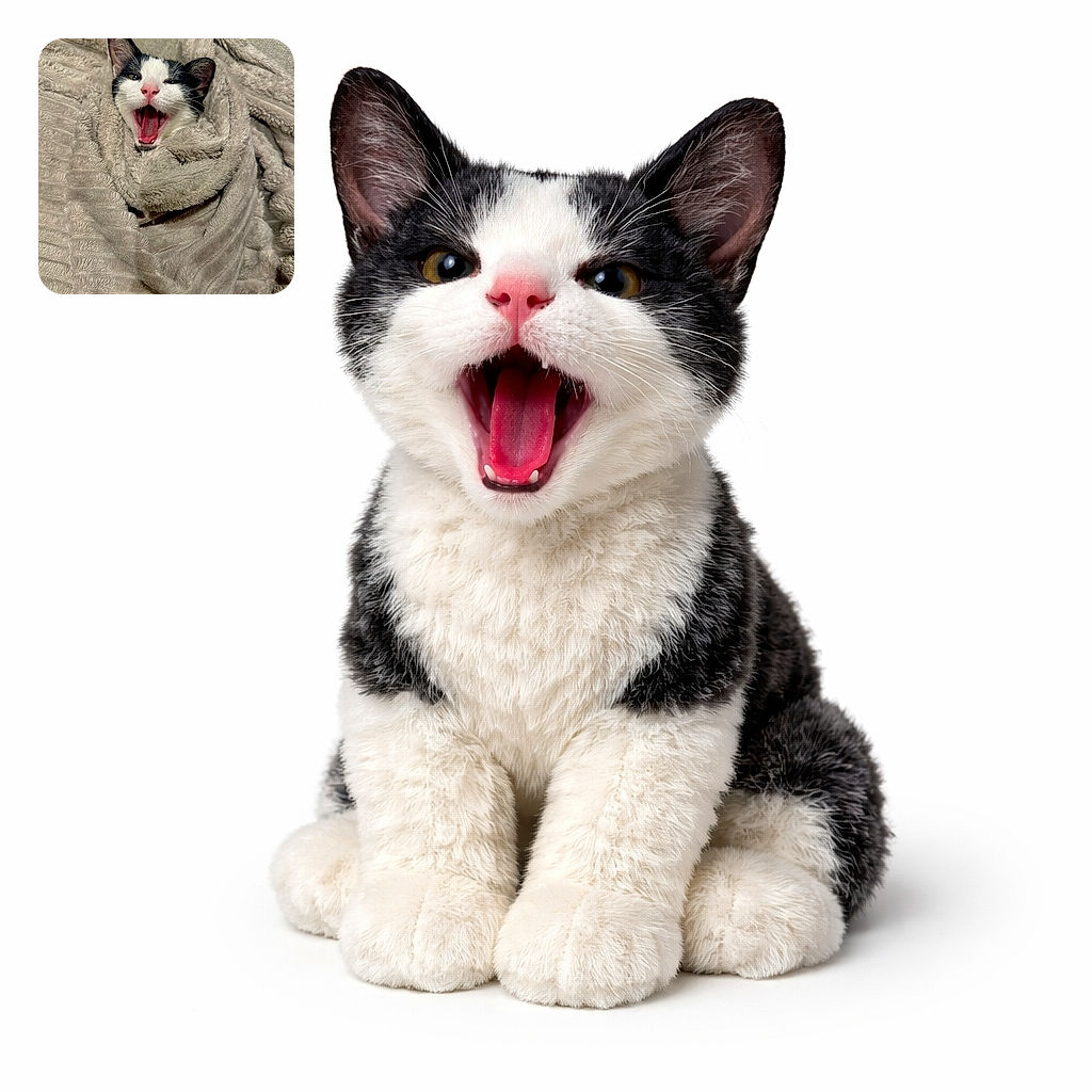 A tiny tuxedo kitten is hilariously mid-yawn, wrapped up like a furry burrito in a plush beige blanket — pink nose, tiny teeth and dramatic ears stealing the show while the cozy blanket provides a soft throne.