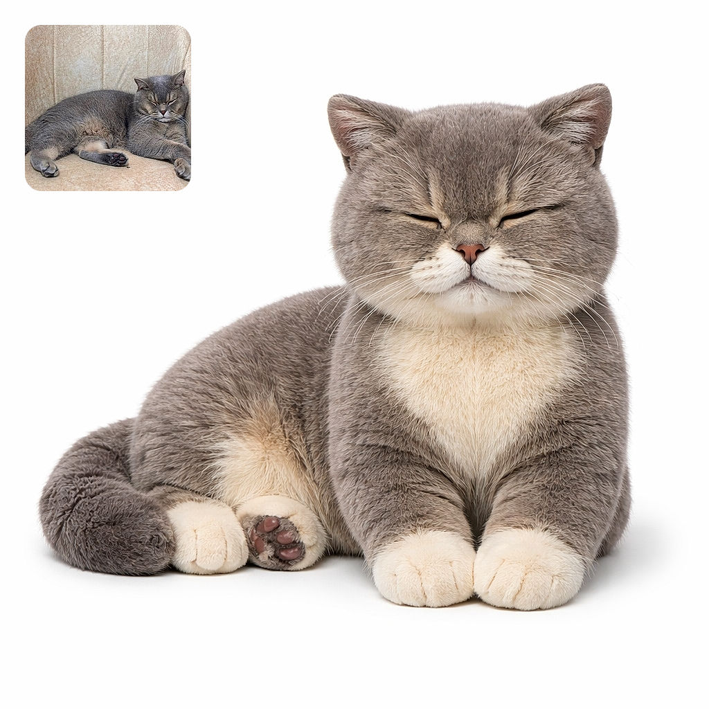 A chonky gray cat lounging like royalty on a beige armchair, eyes nearly closed in contemptuous relaxation, one paw splayed to show pink jellybean toes — peak nap energy and subtle judgment.