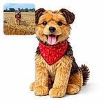 A happy dog wearing a bright red bandana stands proudly on a hay bale in a golden field under a clear blue sky, tongue out and looking like the king of the countryside.