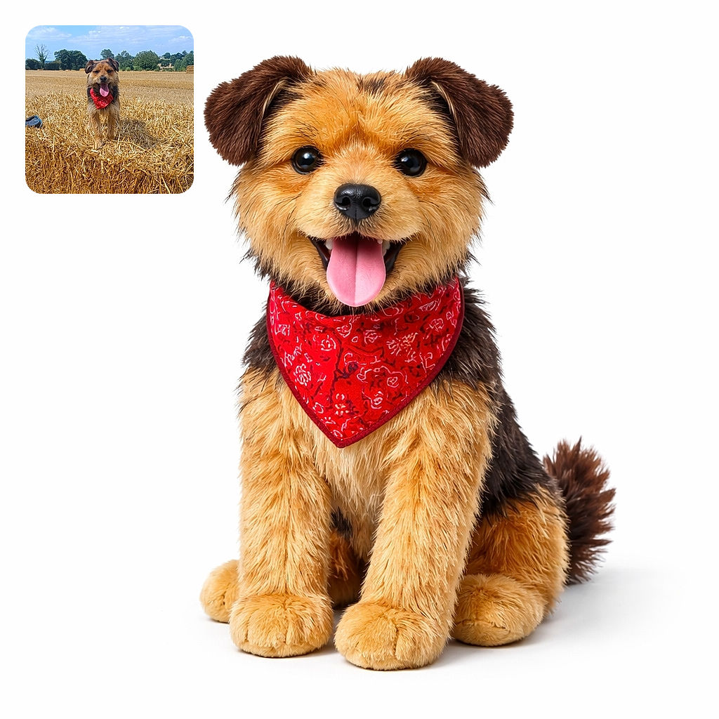 A happy dog wearing a bright red bandana stands proudly on a hay bale in a golden field under a clear blue sky, tongue out and looking like the king of the countryside.