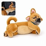 Two cuddly dogs are tangled together like a furry pretzel, with the sleepy little boxer-looking pup riding shotgun while the other dog’s curly tail forms a suspiciously perfect question mark.
