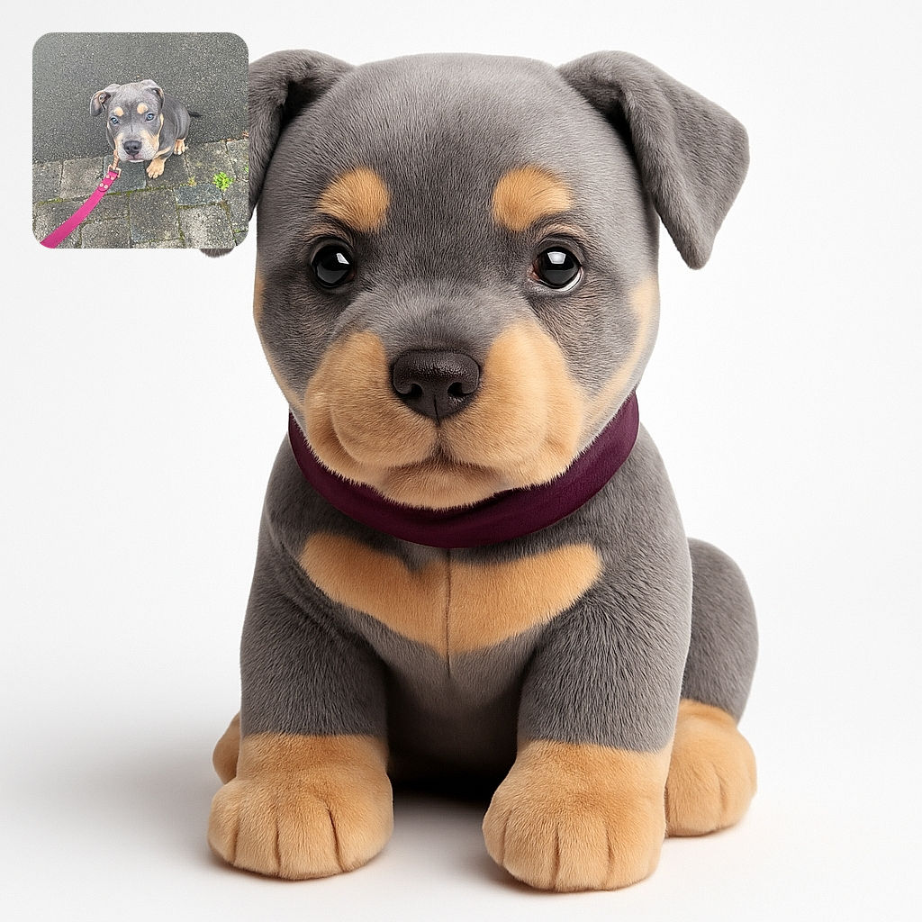 A charming puppy with striking blue eyes sits patiently on a paved sidewalk, looking up with an earnest expression. The pup wears a vibrant pink leash that adds a pop of color against the muted tones of the pavement and asphalt background.