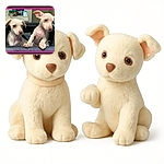 Two adorable light-colored puppies peek out of a cozy carrier, one with ears perked up and the other looking curiously ahead, both capturing hearts with their innocent expressions and tiny paws gripping the edge.