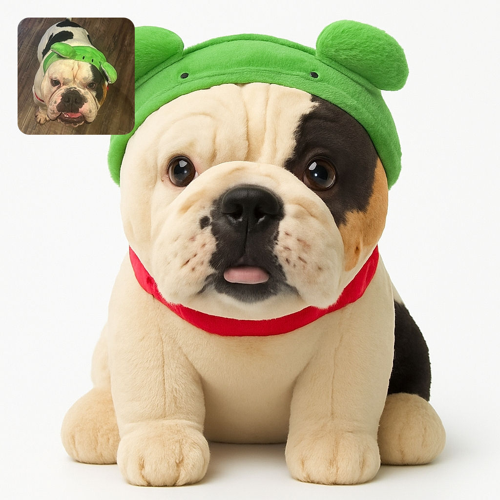 A charming bulldog wearing a funny green frog hat looks up with a slightly goofy expression, standing on a wooden floor that adds a cozy vibe to the scene.