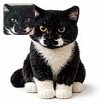 A close-up photo of a black and white cat with yellow eyes, slightly blurry and grainy, giving a mysterious and moody vibe as if the cat is plotting something sneaky.