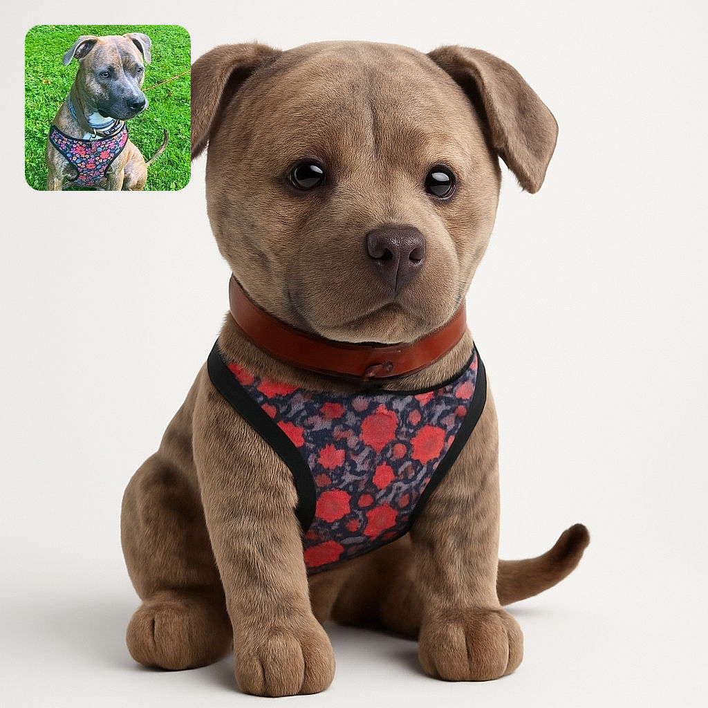 A serious-looking dog sporting a colorful floral harness sits attentively on lush green grass, with a backdrop of leafy bushes, ready for a garden adventure or perhaps just contemplating the mysteries of the squirrel kingdom.