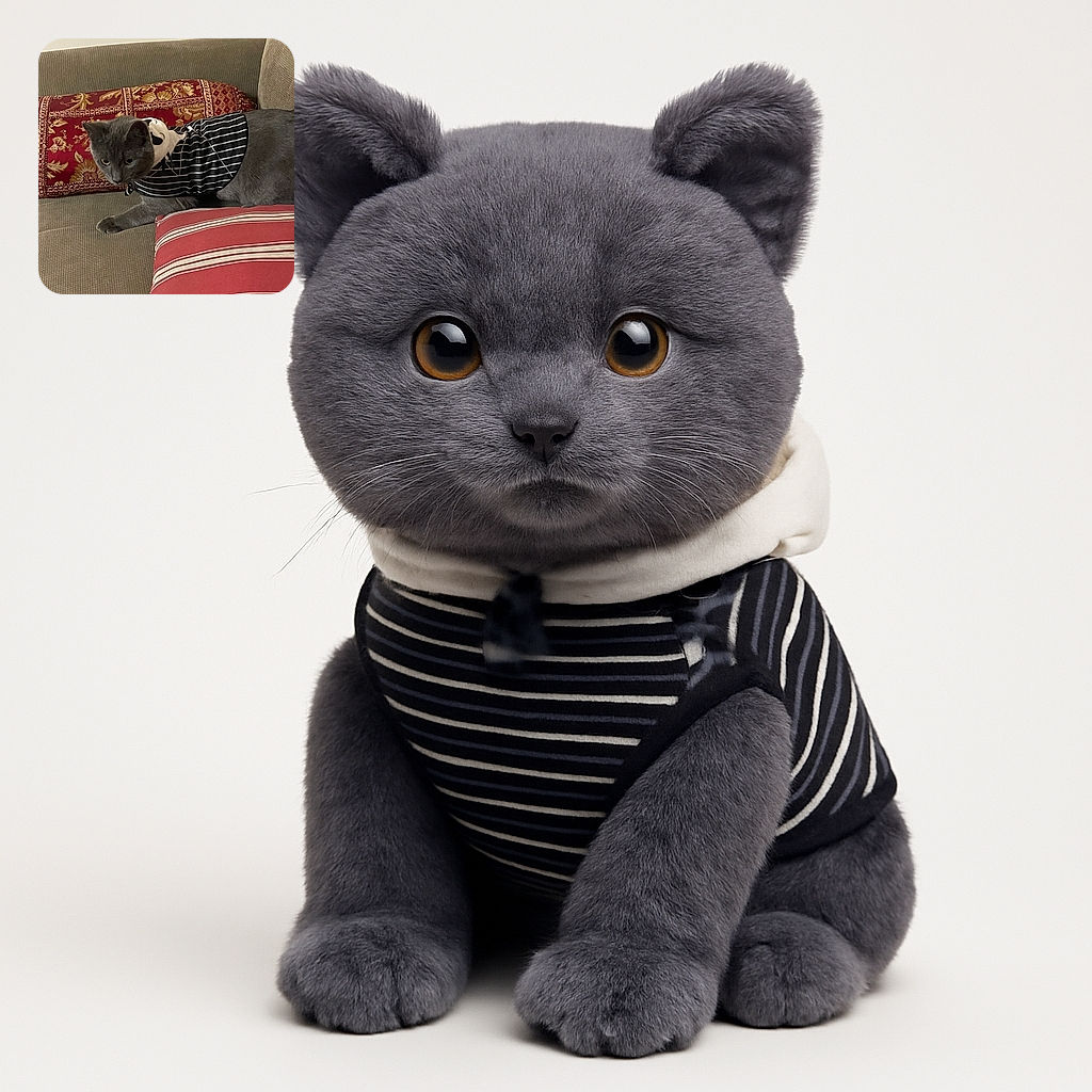 A gray cat wearing a black and white striped outfit with a small ghost design lounges on a beige couch with red and gold decorative pillows and a red striped cushion in the foreground.