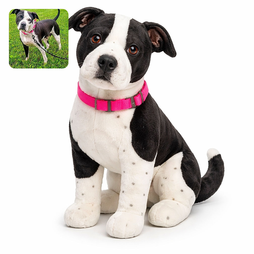 A charming black and white dog stands alert on a lush green lawn, wearing a bright pink collar and leash, with an inquisitive expression as if ready for an adventure.