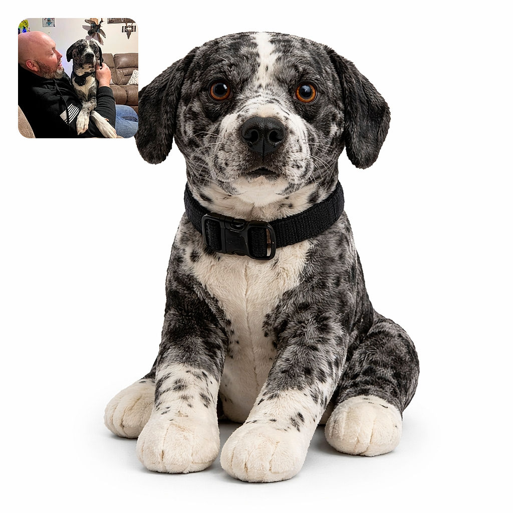 A cozy indoor scene showing a bald man in a black hoodie lovingly holding a black and white dog with striking eyes, sitting on a brown couch. The background features rustic decor including mounted animal skulls and a taxidermy bird, adding a quirky hunting lodge vibe.