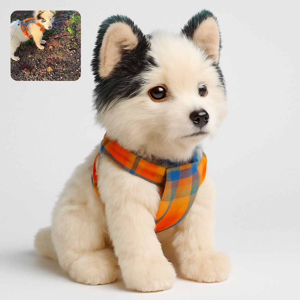 A fluffy white and black puppy with piercing blue eyes wearing an orange harness stands on a dirt path scattered with dry leaves and patches of green grass, looking curiously back at the camera as if caught mid-adventure.