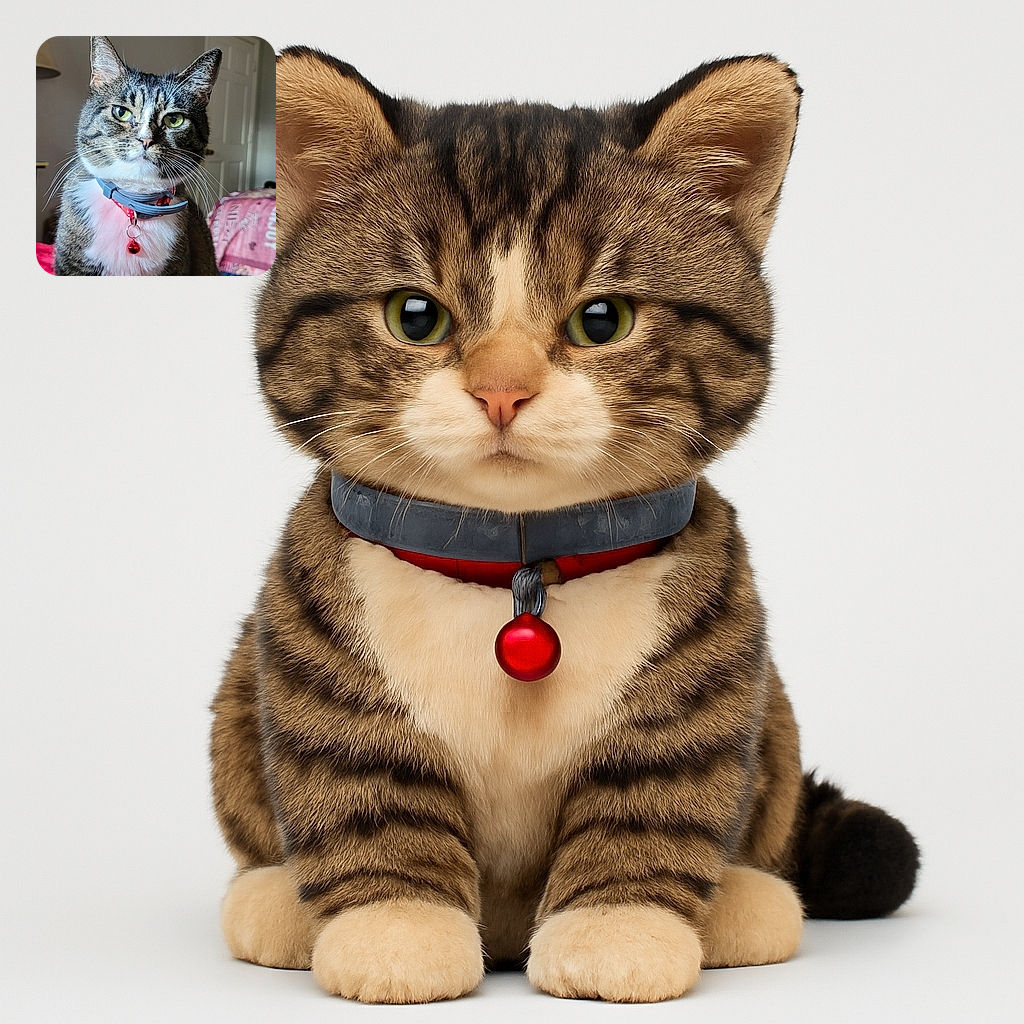 A regal tabby cat with piercing green eyes and a festive red collar with a bell sits poised on a cozy red blanket, looking like the undisputed ruler of the room with a slightly unimpressed expression.