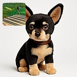 A small black and tan dog is cautiously walking on a green outdoor mat with a wooden deck in the foreground and grass in the background, under natural daylight.