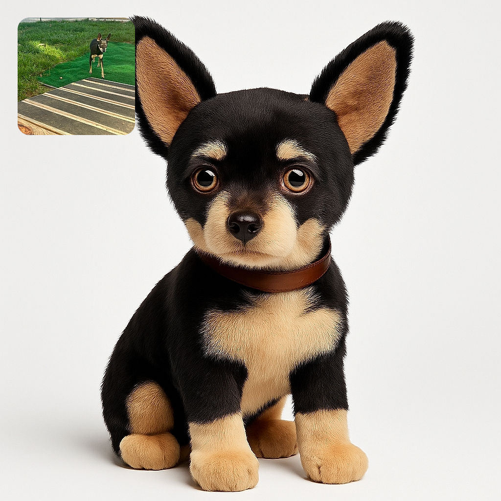 A small black and tan dog is cautiously walking on a green outdoor mat with a wooden deck in the foreground and grass in the background, under natural daylight.