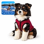A fluffy dog wearing a bright red coat sits proudly in a snowy field under a clear blue sky, with another dog in a similar coat visible in the background near frosty trees. The snow is fresh with footprints, and the sunlight casts a warm glow on the scene.