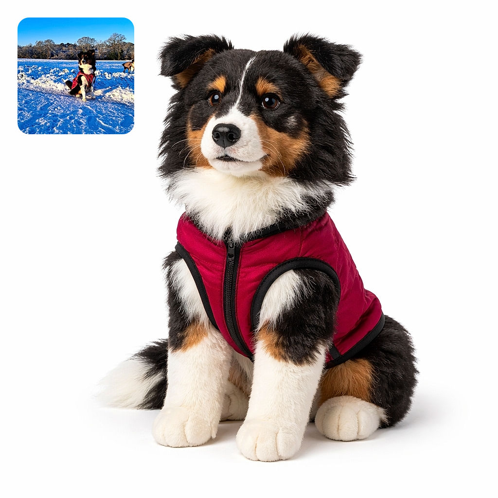 A fluffy dog wearing a bright red coat sits proudly in a snowy field under a clear blue sky, with another dog in a similar coat visible in the background near frosty trees. The snow is fresh with footprints, and the sunlight casts a warm glow on the scene.