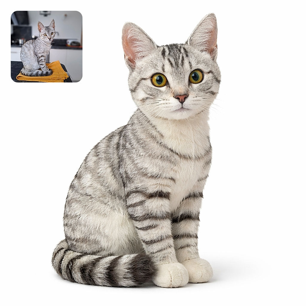 A charming silver tabby cat sits elegantly on a neatly folded yellow towel atop a black marble countertop, gazing curiously at the camera with bright amber eyes. The kitchen background is softly blurred, emphasizing the cat's detailed fur pattern and poised posture.