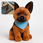 A curious puppy with big ears sits attentively on a patterned black and white rug next to a wooden coffee table adorned with decorative items, in a cozy room with a bed covered in a mustard blanket.