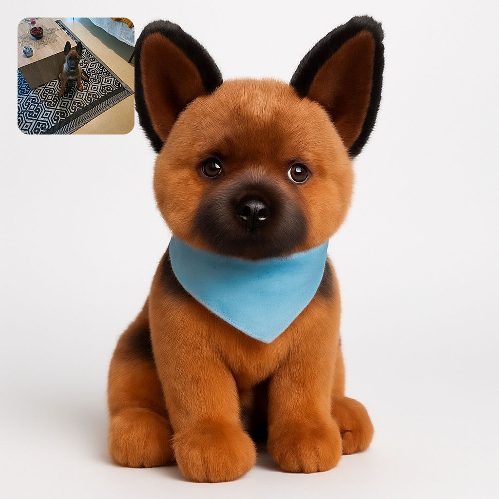 A curious puppy with big ears sits attentively on a patterned black and white rug next to a wooden coffee table adorned with decorative items, in a cozy room with a bed covered in a mustard blanket.