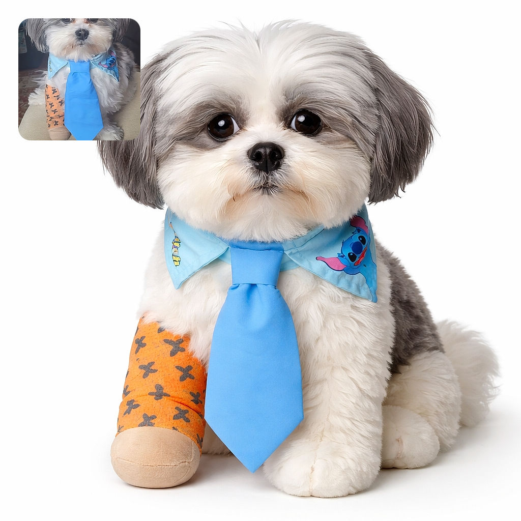 A fluffy dog dressed to impress with a bright blue tie and a cute bandage on one paw, sitting patiently on a beige surface with a cozy living room backdrop.