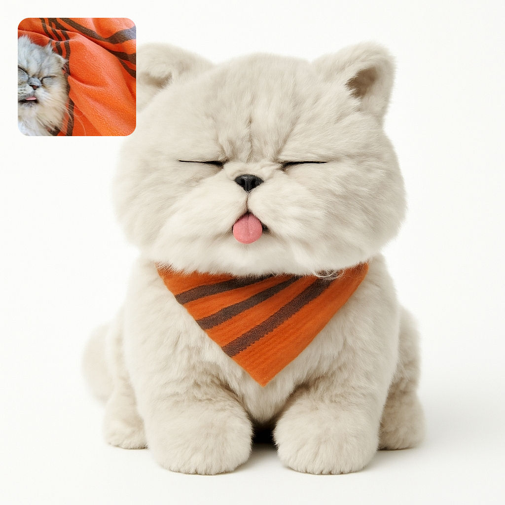 A fluffy cat with its eyes closed and tongue slightly sticking out, resting peacefully on an orange blanket with black stripes, capturing a candid and cozy moment.