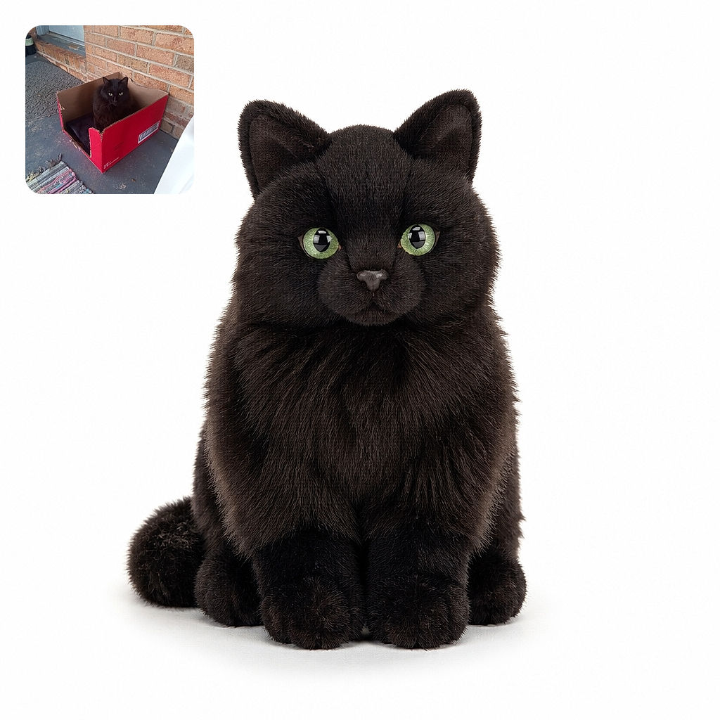 A serious-looking black cat sits perfectly snug in a bright red cardboard box, giving the impression that it has just claimed a tiny throne on the porch. Brick walls, a doormat, and a colorful woven rug complete the cozy doorstep scene.