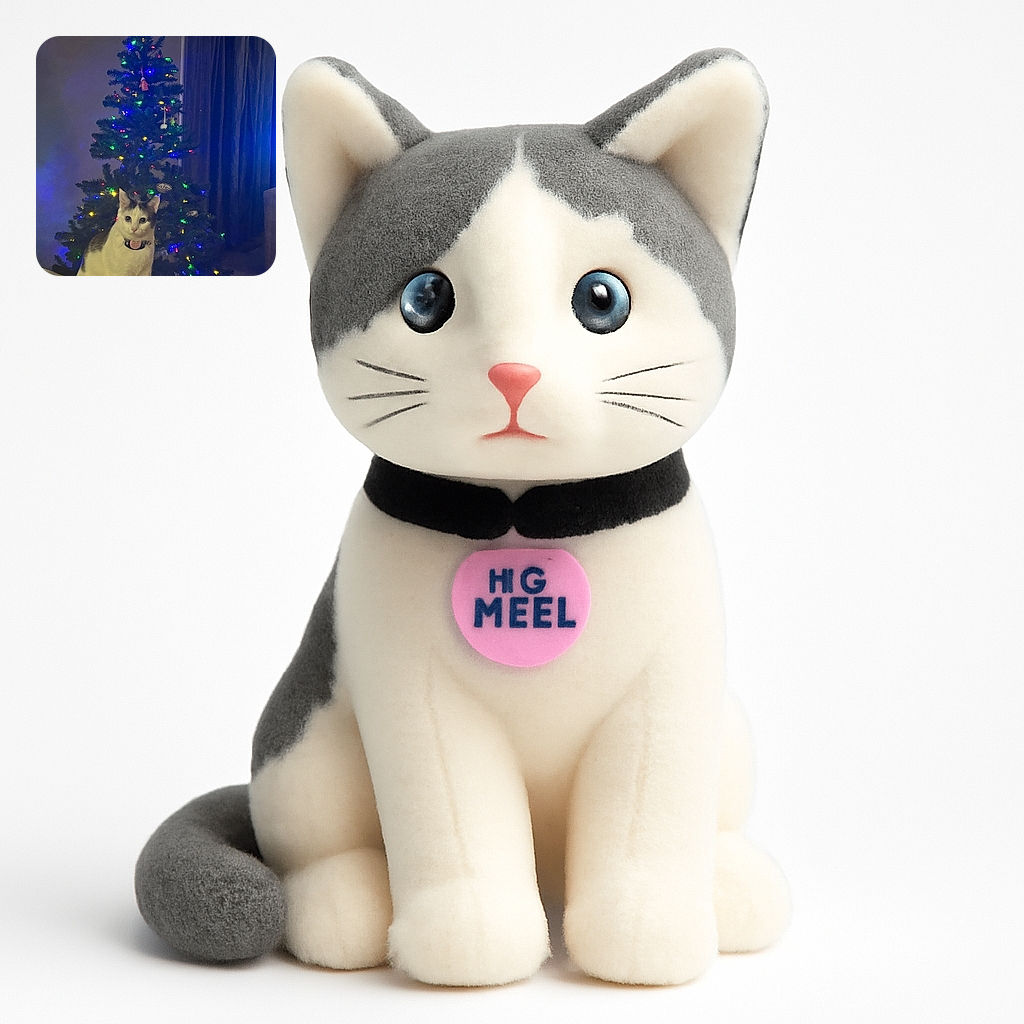 A curious white and brown cat with a collar sits in front of a brightly decorated Christmas tree with colorful lights, creating a cozy holiday scene indoors with curtains and furniture in the background.