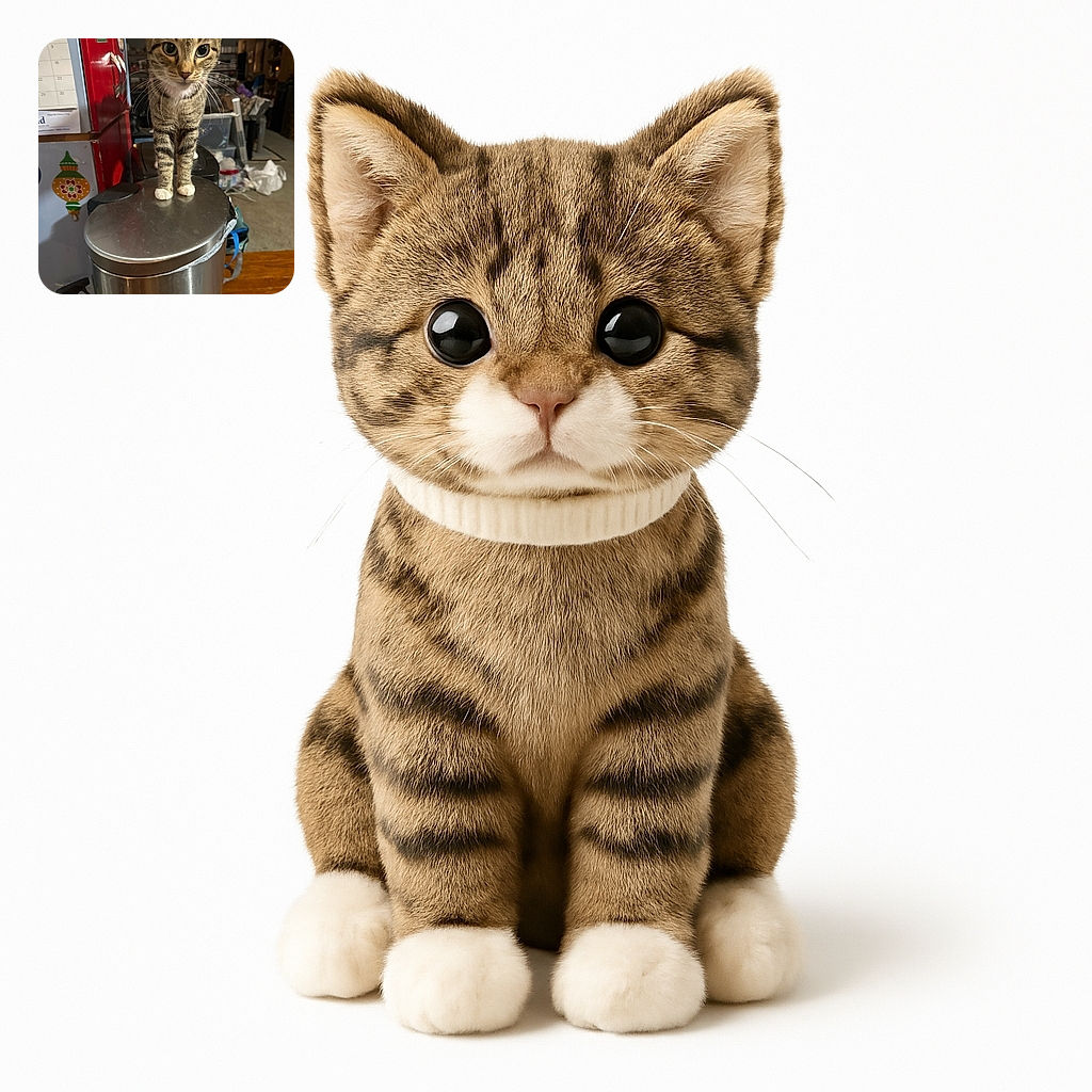 A curious tabby cat with strikingly large eyes stands confidently on a stainless steel trash can lid in a cluttered kitchen environment, with a red fridge and various household items in the background.