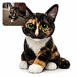 A close-up of a curious tortoiseshell cat with big wide eyes and large ears, resting on a shaggy carpet, with a cozy indoor background including a kitchen and furniture.