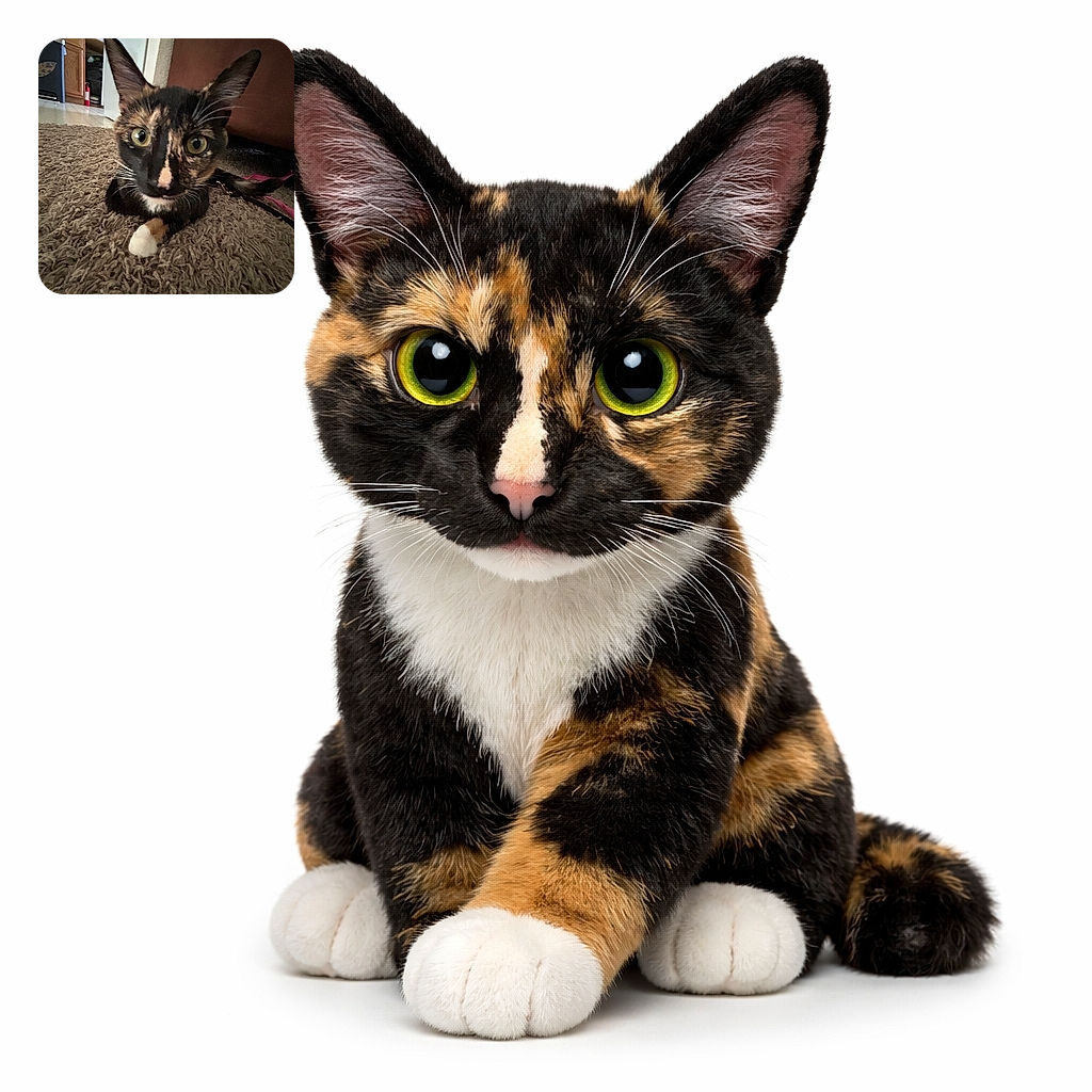 A close-up of a curious tortoiseshell cat with big wide eyes and large ears, resting on a shaggy carpet, with a cozy indoor background including a kitchen and furniture.