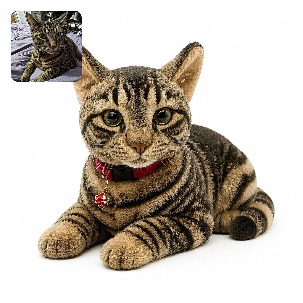 A tabby cat lounges on a rumpled lavender bedspread, staring into the camera with the intense focus of a tiny furry detective. Its enormous ears, bright eyes, whiskers, and colorful collar steal the show while shelves and bedroom furniture create a cozy backdrop.