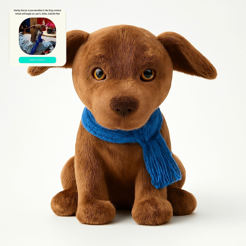 A cute brown and white dog with large ears is sitting on a bed holding a blue rope toy in its mouth. The background shows a cozy room with a table, flowers, and various household items. The image is part of a participation confirmation for a dog contest.