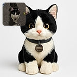 A curious black and white cat named Crumbs looks up with bright eyes, standing on a textured carpet next to a cozy paw-print mat and a small yellow toy spring, with a playful heart doodle overlay adding a touch of affection.