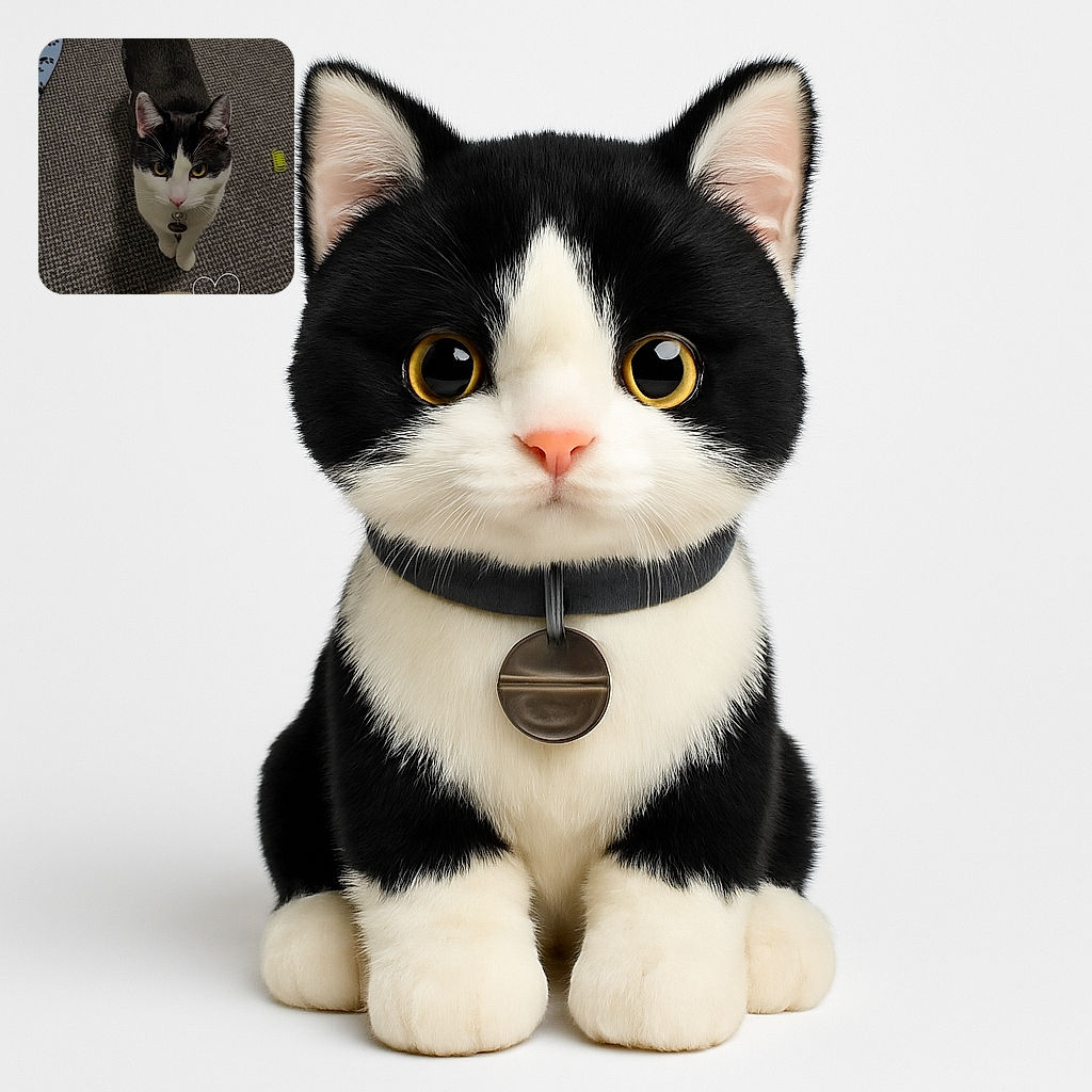 A curious black and white cat named Crumbs looks up with bright eyes, standing on a textured carpet next to a cozy paw-print mat and a small yellow toy spring, with a playful heart doodle overlay adding a touch of affection.